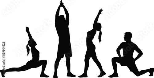 Group of four people doing different fitness and stretching exercises in silhouetted forms