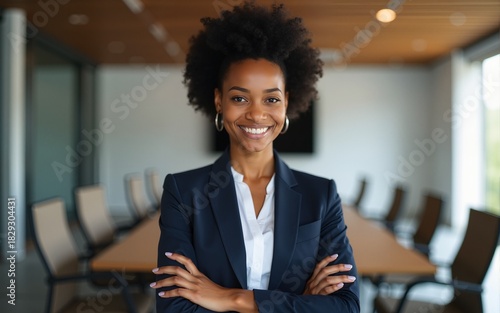 African business woman stands outside a conference room with crossed arms. High quality