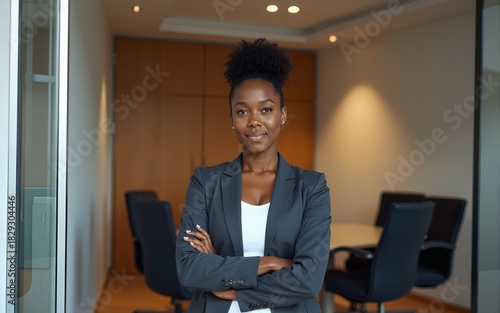 African business woman stands outside a conference room with crossed arms. High quality