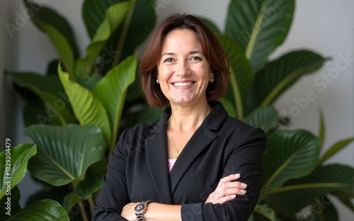 Mature female professional standing with arms crossed in front of plants. High quality