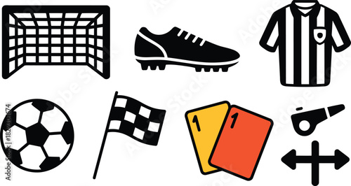 Important soccer accessories and referee tools including numbered penalty cards presented as clear black icons