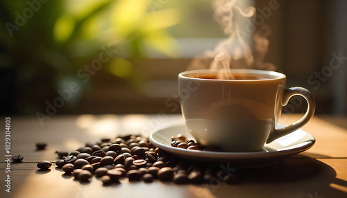 A steaming cup of coffee with beans scattered on a wooden surface in sunlight 4k  and hd image