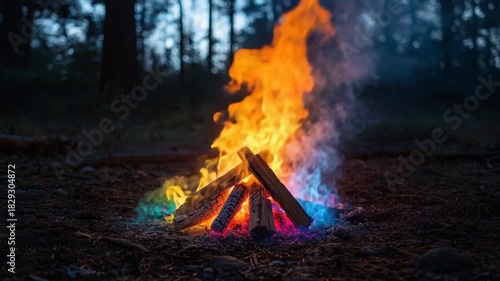 Colorful flames dancing around a campfire in a dark forest at night.