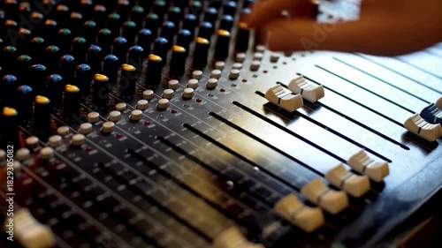 Close-up fingers of a hand. Leveling Sound On A Recorder music. producer turns up the volume studio