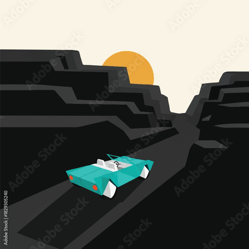 Vintage convertible driving through a vast canyon at sunset