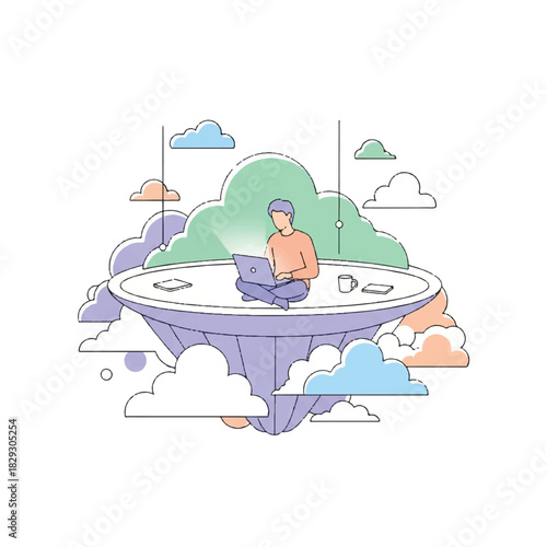Digital nomad working remotely with cloud computing technology on a floating platform in the sky