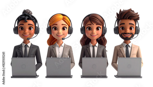 Set of four 3D office people wearing headsets, isolated on transparent background