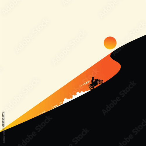 Dynamic illustration of a lone motorcyclist conquering a challenging desert dune during a vibrant sunset ride