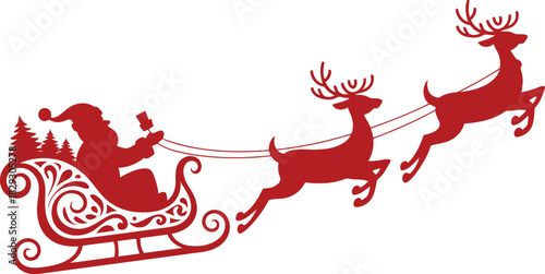 Jolly Santa Claus steers his Christmas sleigh filled with gifts, pulled by his two trusty reindeer