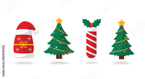 2D flat design Christmas elements on white background a snowman with a top hat and scarf, a pair of mittens, a cinnamon roll, and a jingle bell. Soft shadows, hand-drawn vector look, red-green-whi