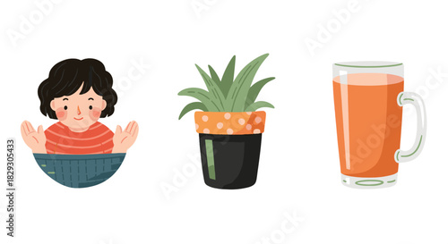 2D flat design Christmas elements on white background a snowman with a top hat and scarf, a pair of mittens, a cinnamon roll, and a jingle bell. Soft shadows, hand-drawn vector look, red-green-whi