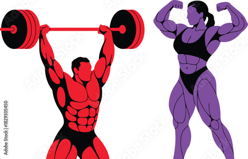Powerful reddish orange male bodybuilder lifting barbell overhead beside a strong purple female flexing