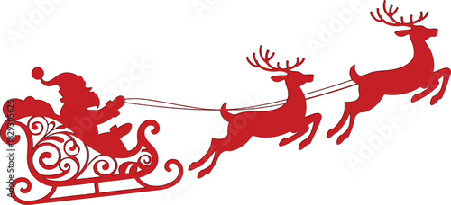 Red silhouette of Santa Claus flying his sleigh pulled by two jumping reindeer against a white background