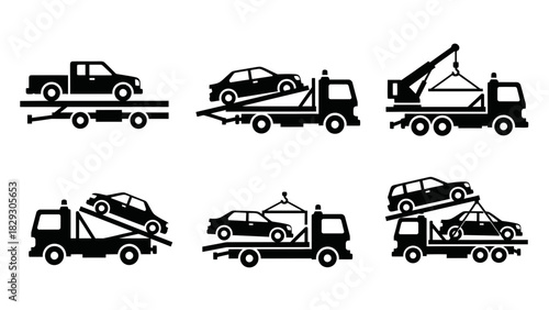 Six black and white vector illustrations of tow trucks carrying different vehicles, including cars and a pickup truck, using various towing methods.