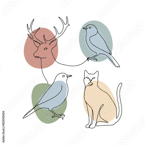 A curated set of one-line animal drawings featuring a deer, bird, and cat with abstract shapes