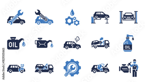 A set of blue and dark blue vector icons depicting car repair, maintenance, and automotive services.