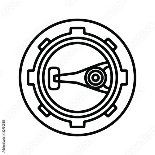Black and white line art icon of a mechanical gear or valve mechanism isolated on