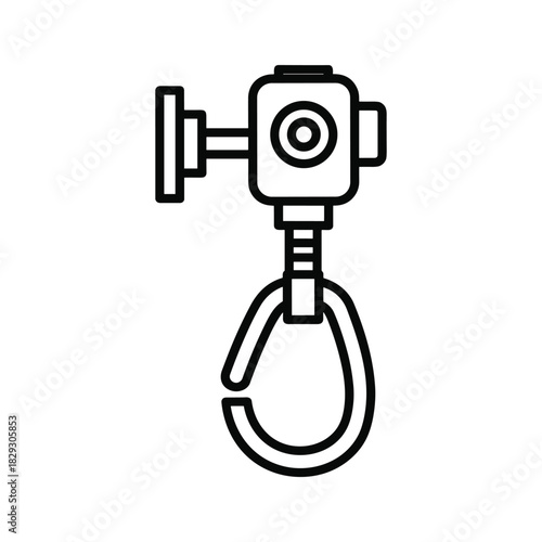 Line icon of a climbing carabiner attached to a wall mount anchor isolated on