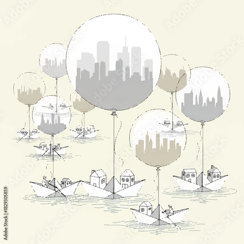 Aspirational journey small communities navigate waters towards future cityscapes held aloft by imaginative balloons, symbolizing growth and urban dreams