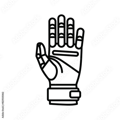 Outline icon of a robotic prosthetic hand showing fingers open, isolated on