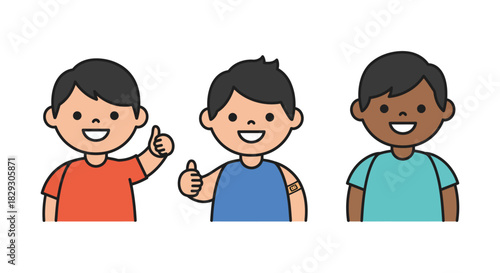 Vaccinated kids show thumbs up children after vaccination with bandage smiling representing healthy lifestyle and healthcare promotion vaccination drive