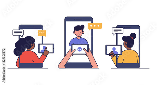 video call communication three people video conferencing on smartphones connecting remotely for collaboration and digital communication solutions.