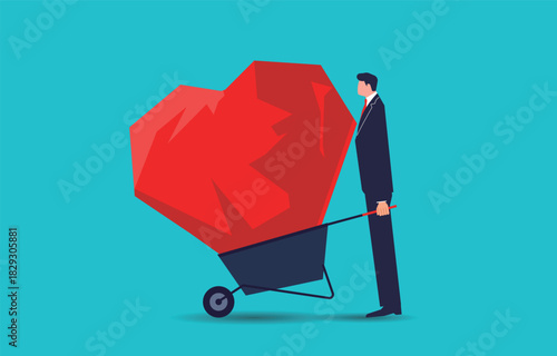 Ruthless, strong-willed, with a heart of stone, businessmen push wheelbarrows to carry stones like heart-shaped