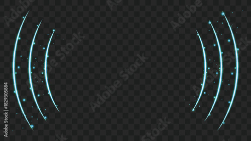 Abstract glowing blue sound waves or signal arcs with sparkling particles on a transparent background.
