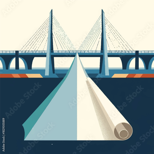 Unfurling Blueprint A Metaphorical Path Leading Towards a Grand Modern Bridge Over Serene Water