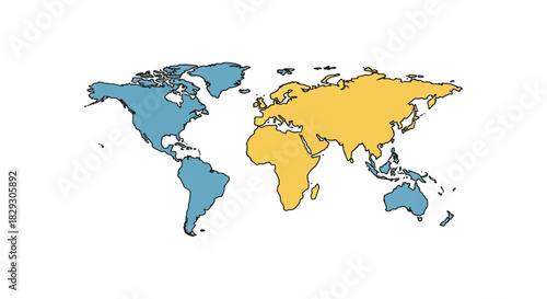 world map continents colored illustrating geographic division with blue highlighting americas and australia gold showing eurasia and africa continents.