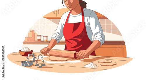  2D vector illustration on white background a person baking Christmas cookies rolling dough, cookie cutters shaped like stars and trees nearby. Kitchen setting simplified, warm tones, no brand ite