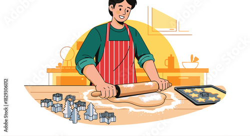  2D vector illustration on white background a person baking Christmas cookies rolling dough, cookie cutters shaped like stars and trees nearby. Kitchen setting simplified, warm tones, no brand ite