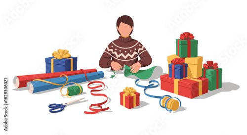 2D vector-style Christmas scene on white background a person wrapping gifts at a table with ribbons, scissors, and colorful paper. Simplified human figures, cozy sweater, soft shadows, no brand elemen