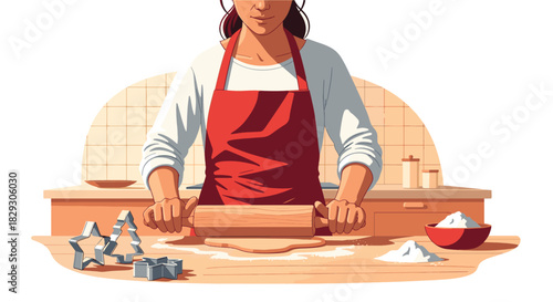  2D vector illustration on white background a person baking Christmas cookies rolling dough, cookie cutters shaped like stars and trees nearby. Kitchen setting simplified, warm tones, no brand ite