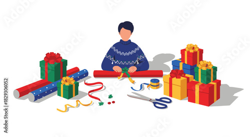 2D vector-style Christmas scene on white background a person wrapping gifts at a table with ribbons, scissors, and colorful paper. Simplified human figures, cozy sweater, soft shadows, no brand elemen