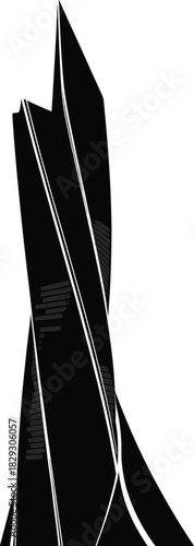 Abstract futuristic tower illustration with sharp edges, twisting structure, black angular design, modern architecture concept, digital vector art style