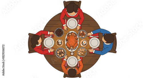 2D vector-style illustration on white a family sitting around a table sharing a Christmas meal—roast, veggies, and a candle in the center. Simplified figures, overhead flat-lay perspective, warm light