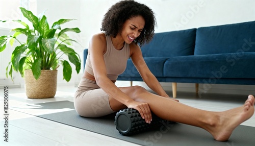 A young African American woman in beige activewear grimacing in pain while using a black foam roller to massage her leg muscles on a gray yoga mat at home, focusing on muscle recovery and self-care.