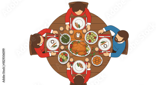 2D vector-style illustration on white a family sitting around a table sharing a Christmas meal—roast, veggies, and a candle in the center. Simplified figures, overhead flat-lay perspective, warm light