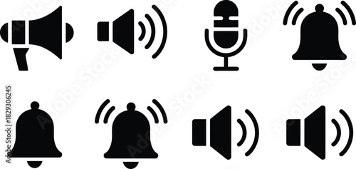 Set of black silhouette icons representing various audio and notification functions