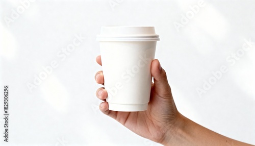 Human hand holding a blank white disposable paper coffee cup with a lid, isolated on a clean white background, providing ample copy space for custom branding, take away beverage promotions, or creativ