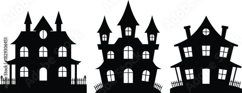 Set of three creepy haunted house silhouettes with rounded windows and decorative fences perfect for Halloween fun