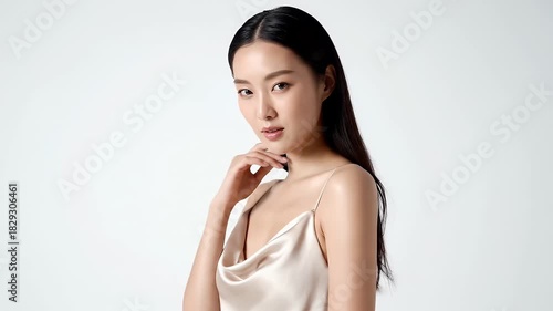 Elegant Young Asian Woman Wearing a Satin Camisole Posing with Grace in Soft Studio Lighting