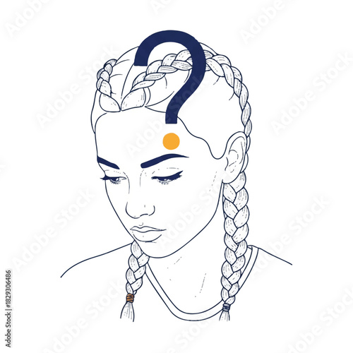 Young woman with braided hair pondering a challenging question, seeking clarity or a solution, illustrated conceptually