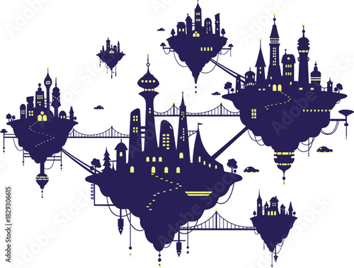 Fantasy floating islands with futuristic architecture and bridges, vibrant airborne cityscape vector illustration in dark blue silhouette style