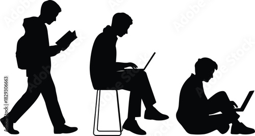 Silhouettes of male students reading a book and working on laptops for their education