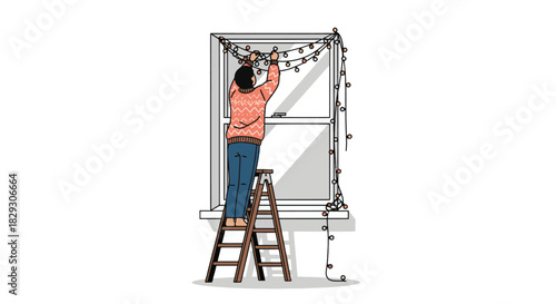 WebFlat 2D Christmas activity on white background a person hanging festive lights on a window frame. Cozy sweater, ladder, string of fairy lights, minimal interior detail, soft shadows, no text, no br
