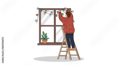 WebFlat 2D Christmas activity on white background a person hanging festive lights on a window frame. Cozy sweater, ladder, string of fairy lights, minimal interior detail, soft shadows, no text, no br