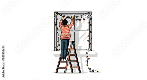 WebFlat 2D Christmas activity on white background a person hanging festive lights on a window frame. Cozy sweater, ladder, string of fairy lights, minimal interior detail, soft shadows, no text, no br