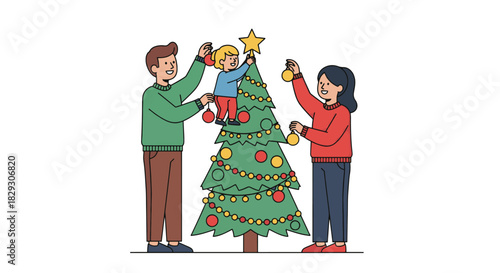 Flat 2D vector illustration on pure white background a family decorating a Christmas tree together—parents hanging ornaments, child placing a star on top. Minimal facial details, warm clothing, festiv